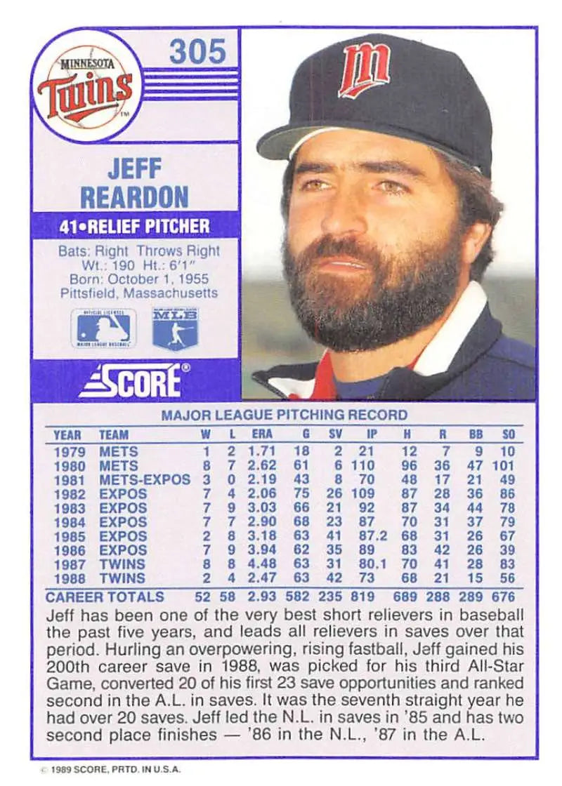 1989 Score #305 Jeff Reardon NM-MT Minnesota Twins Baseball Card - Baseball Card Single