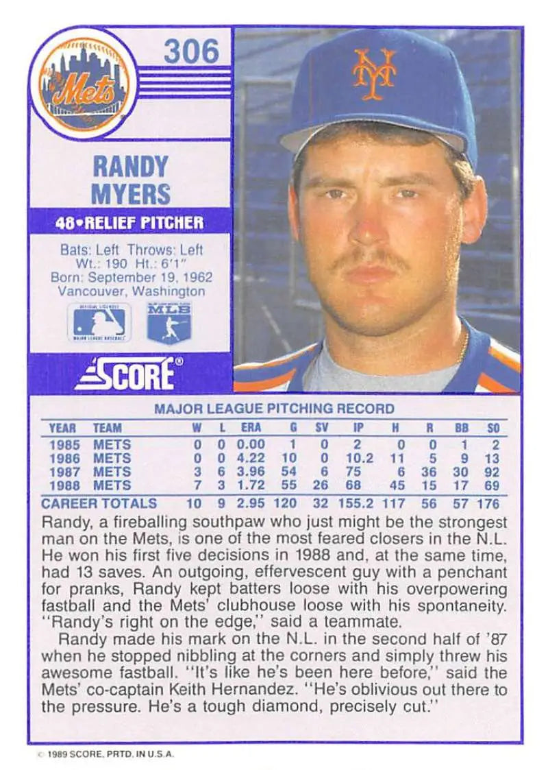 1989 Score #306 Randy Myers NM-MT New York Mets Baseball Card - Baseball Card Single