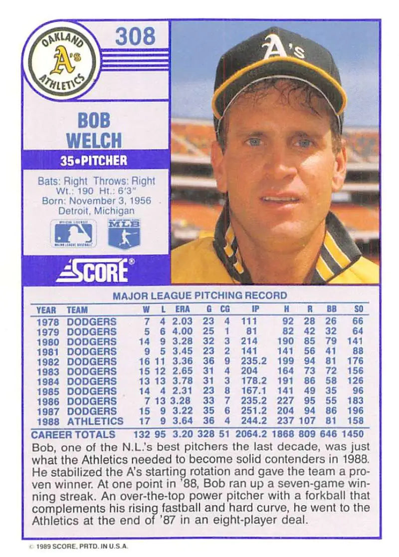 1989 Score #308 Bob Welch NM-MT Oakland Athletics Baseball Card - Baseball Card Single