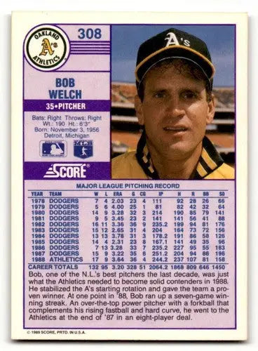 1989 Score Bob Welch Oakland Athletics baseball card front view