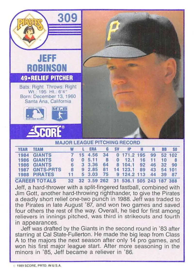 1989 Score #309 Jeff Robinson NM-MT Pittsburgh Pirates Baseball Card - Baseball Card Single