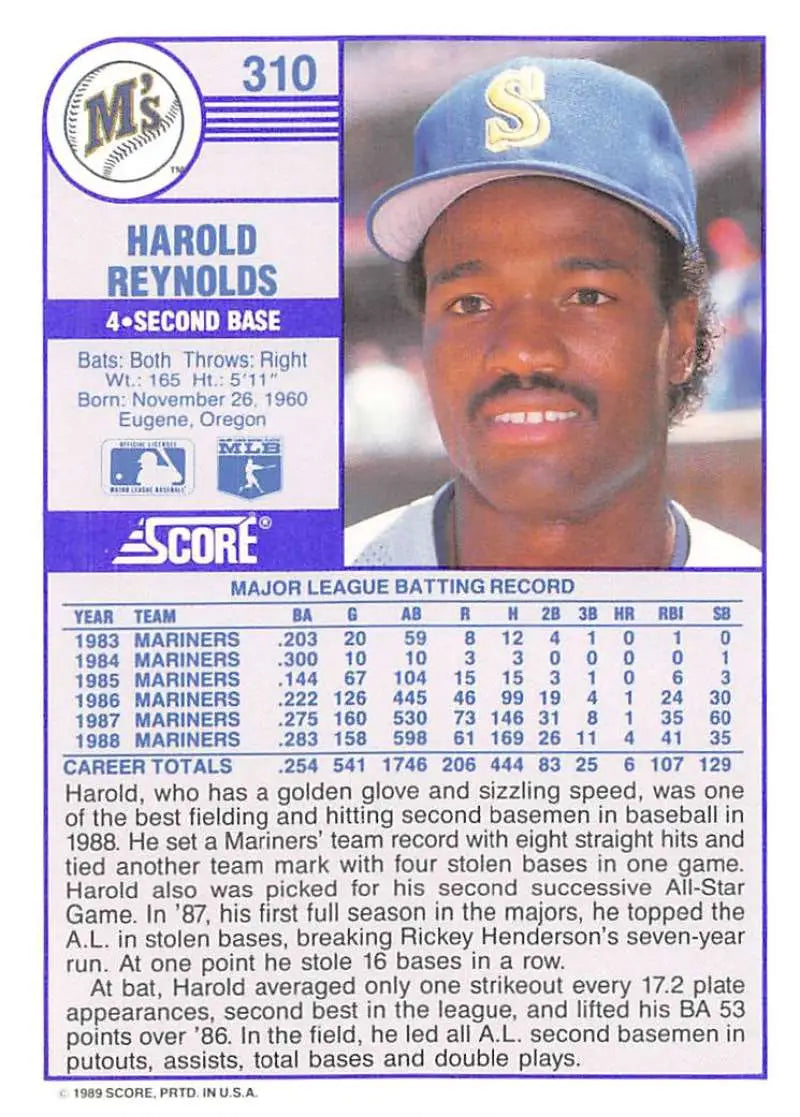 1989 Score #310 Harold Reynolds NM-MT Seattle Mariners Baseball Card - Baseball Card Single