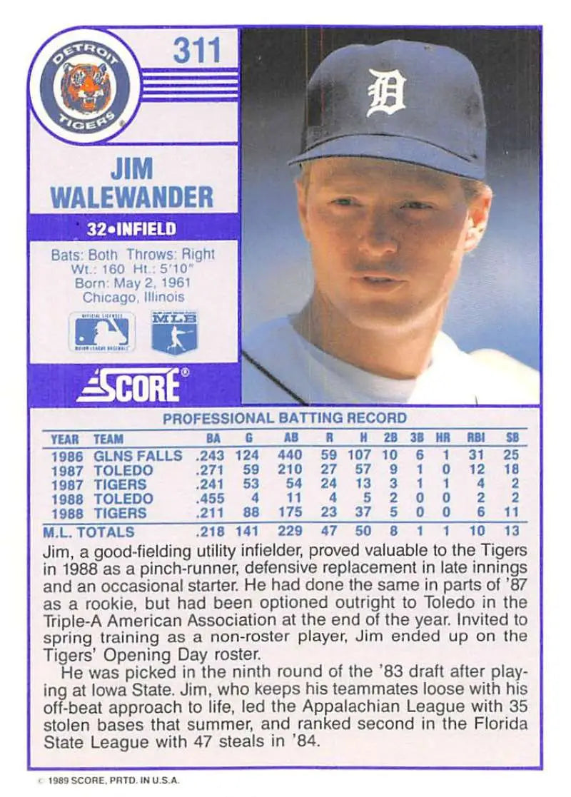 1989 Score #311 Jim Walewander NM-MT Detroit Tigers Baseball Card - Baseball Card Single