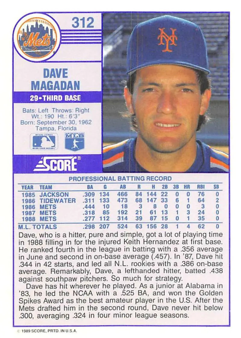 1989 Score #312 Dave Magadan NM-MT New York Mets Baseball Card - Baseball Card Single