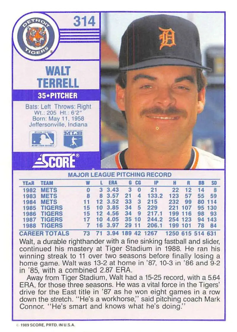 1989 Score #314 Walt Terrell NM-MT Detroit Tigers Baseball Card - Baseball Card Single