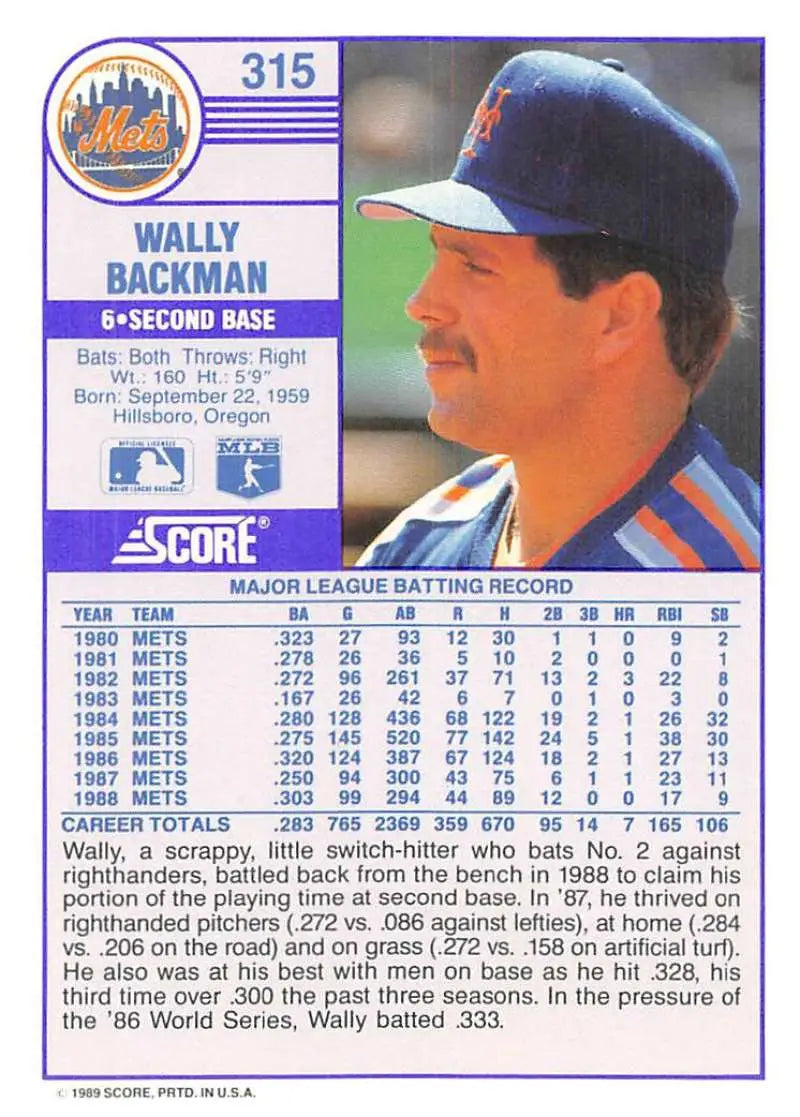 1989 Score #315 Wally Backman NM-MT New York Mets Baseball Card - Baseball Card Single