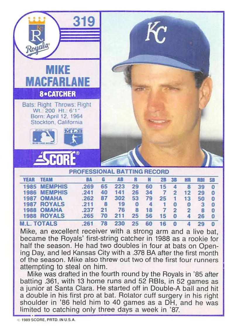 1989 Score #319 Mike Macfarlane NM-MT RC Rookie Kansas City Royals Baseball Card - Baseball Card Single