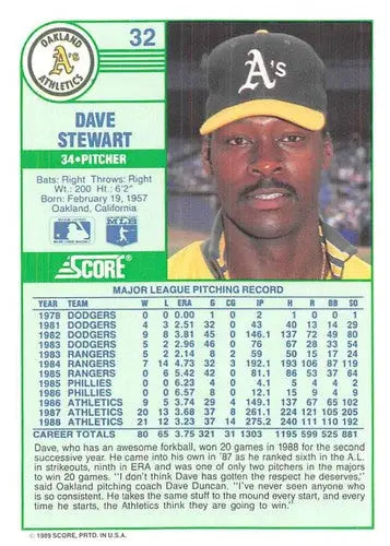 1989 Score #32 Dave Stewart NM-MT Athletics ID:80214 - Baseball Card Single