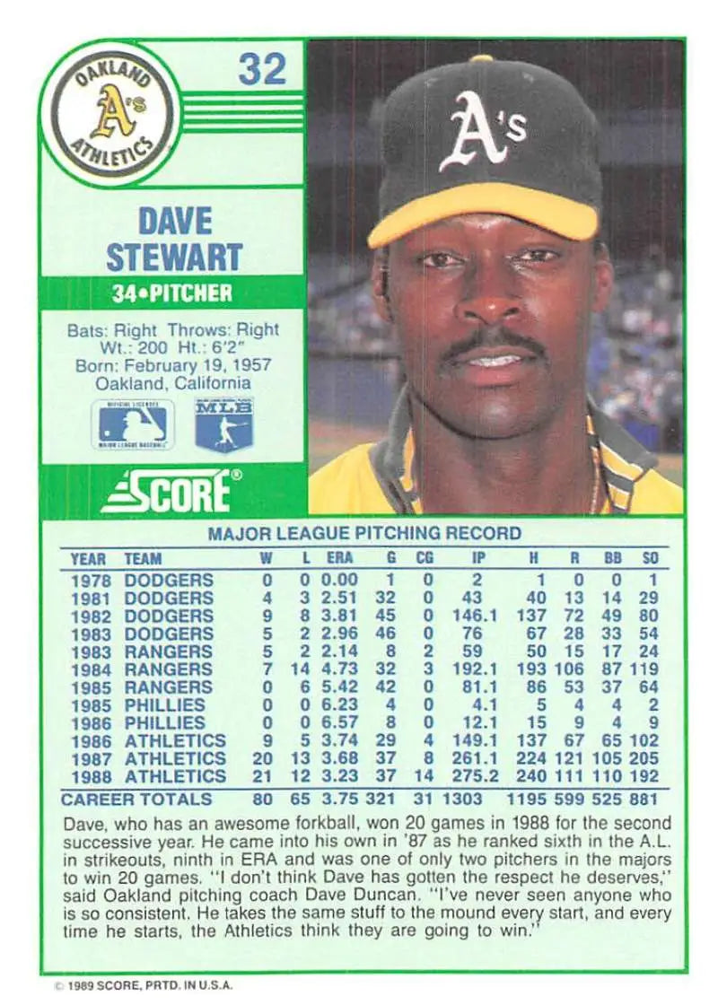 1989 Score #32 Dave Stewart NM-MT Oakland Athletics Baseball Card - Baseball Card Single