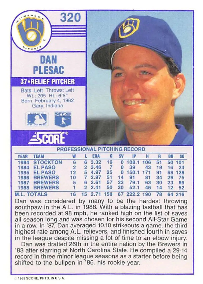 1989 Score #320 Dan Plesac NM-MT Milwaukee Brewers Baseball Card - Baseball Card Single