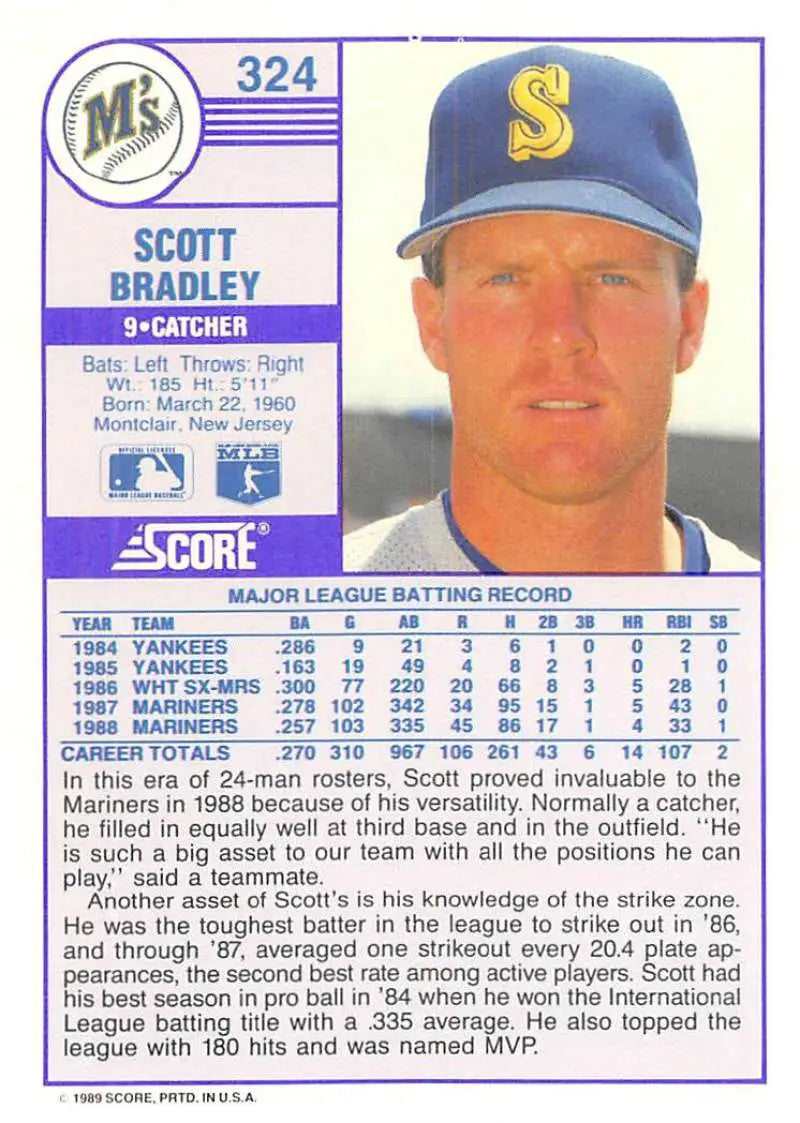 1989 Score #324 Scott Bradley NM-MT Seattle Mariners Baseball Card - Baseball Card Single