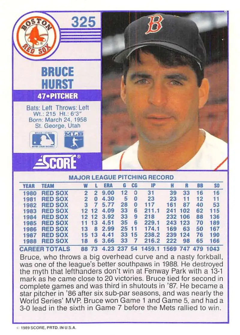1989 Score #325 Bruce Hurst NM-MT Boston Red Sox Baseball Card - Baseball Card Single
