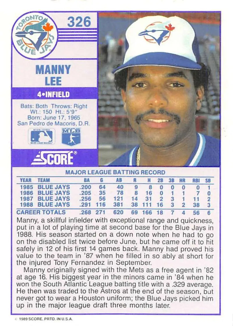 1989 Score #326 Manuel Lee NM-MT Toronto Blue Jays Baseball Card - Baseball Card Single