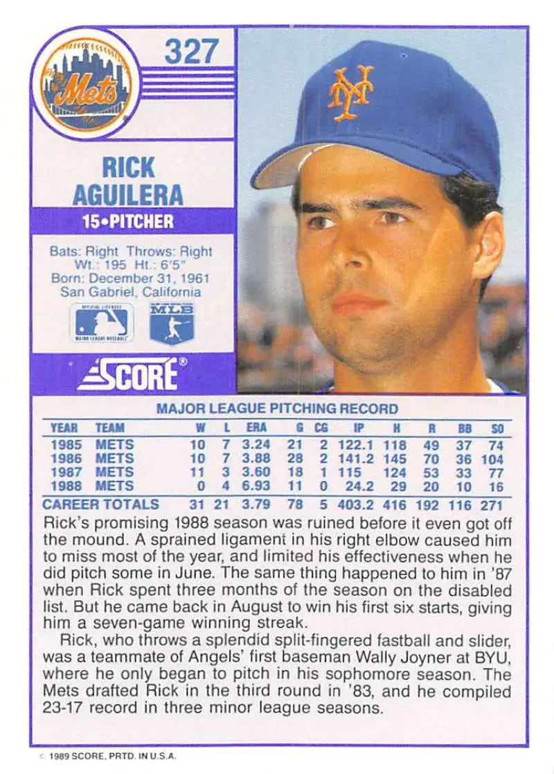 1989 Score #327 Rick Aguilera NM-MT New York Mets Baseball Card - Baseball Card Single
