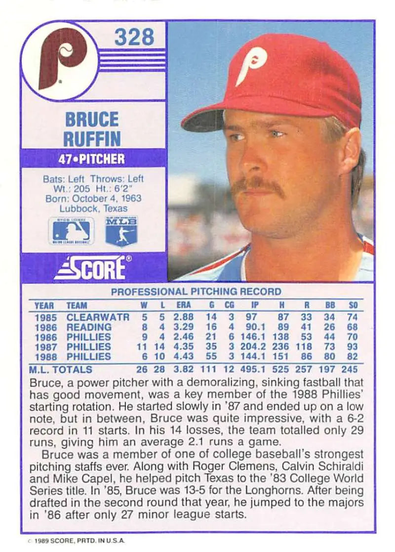 1989 Score #328 Bruce Ruffin NM-MT Philadelphia Phillies Baseball Card - Baseball Card Single