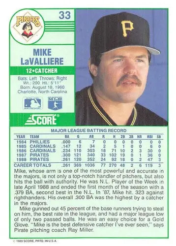 1989 Score #33 Mike LaValliere NM-MT Pirates ID:80258 - Baseball Card Single