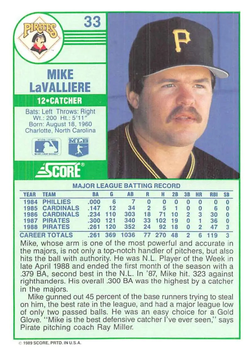 1989 Score #33 Mike LaValliere NM-MT Pittsburgh Pirates Baseball Card - Baseball Card Single