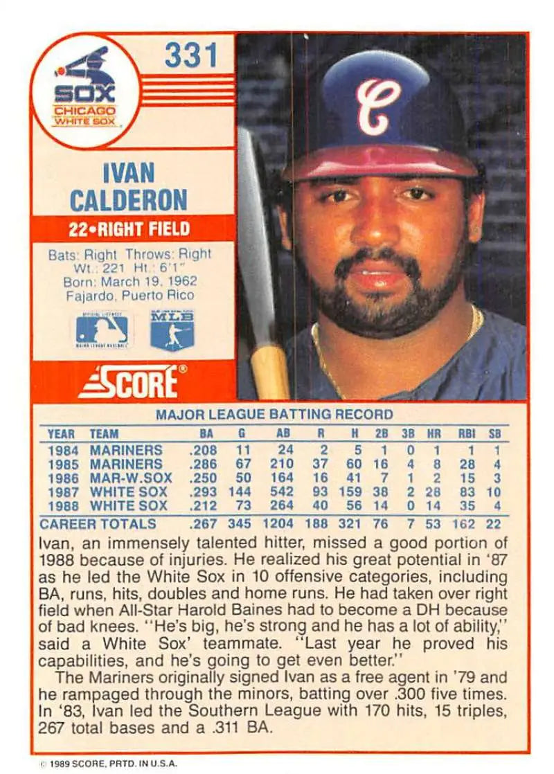 1989 Score #331 Ivan Calderon NM-MT Chicago White Sox Baseball Card - Baseball Card Single
