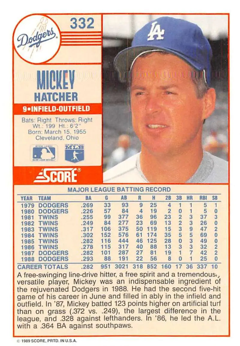 1989 Score #332 Mickey Hatcher NM-MT Los Angeles Dodgers Baseball Card - Baseball Card Single