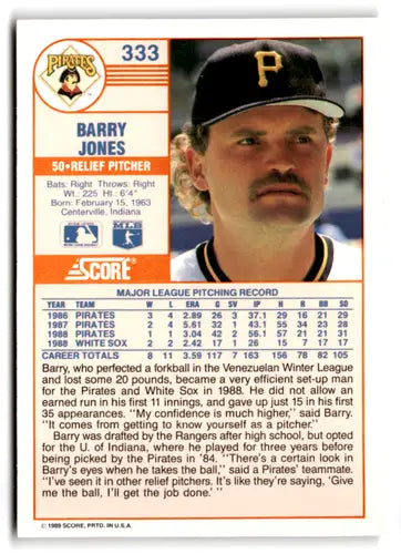 1989 Score #333 Barry Jones EX/NM Pirates ID:66818 - Baseball Card Single