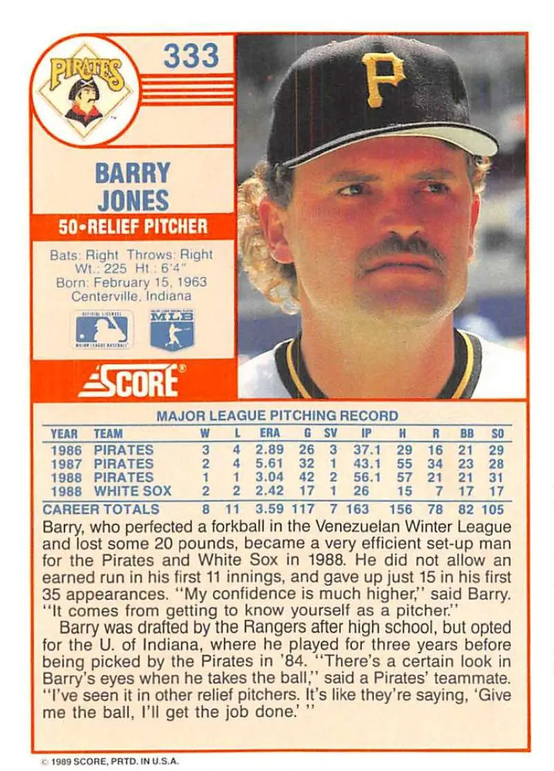 1989 Score #333 Barry Jones NM-MT Pittsburgh Pirates Baseball Card - Baseball Card Single
