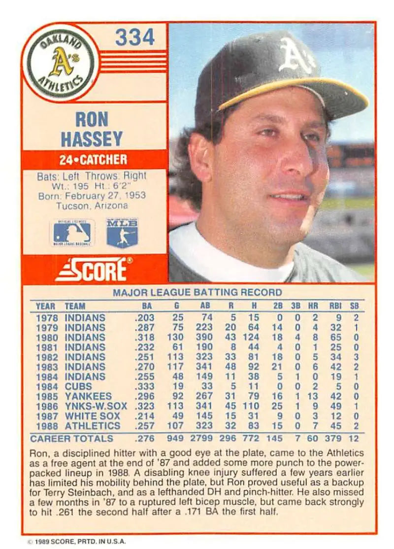1989 Score #334 Ron Hassey NM-MT Oakland Athletics Baseball Card - Baseball Card Single