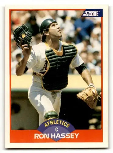 Original gloss Ron Hassey Oakland baseball card from 1989 Score #334 Hassey Oakland Athletics