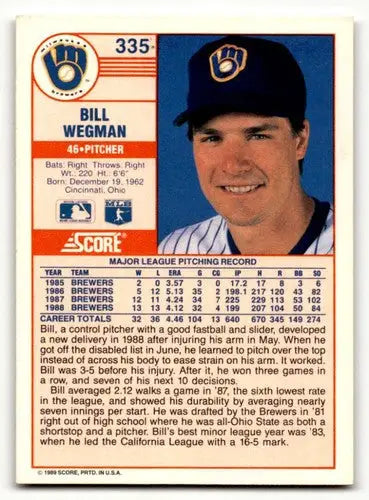 Original gloss Bill Wegman Milwaukee Brewers baseball card from 1989 Score collection