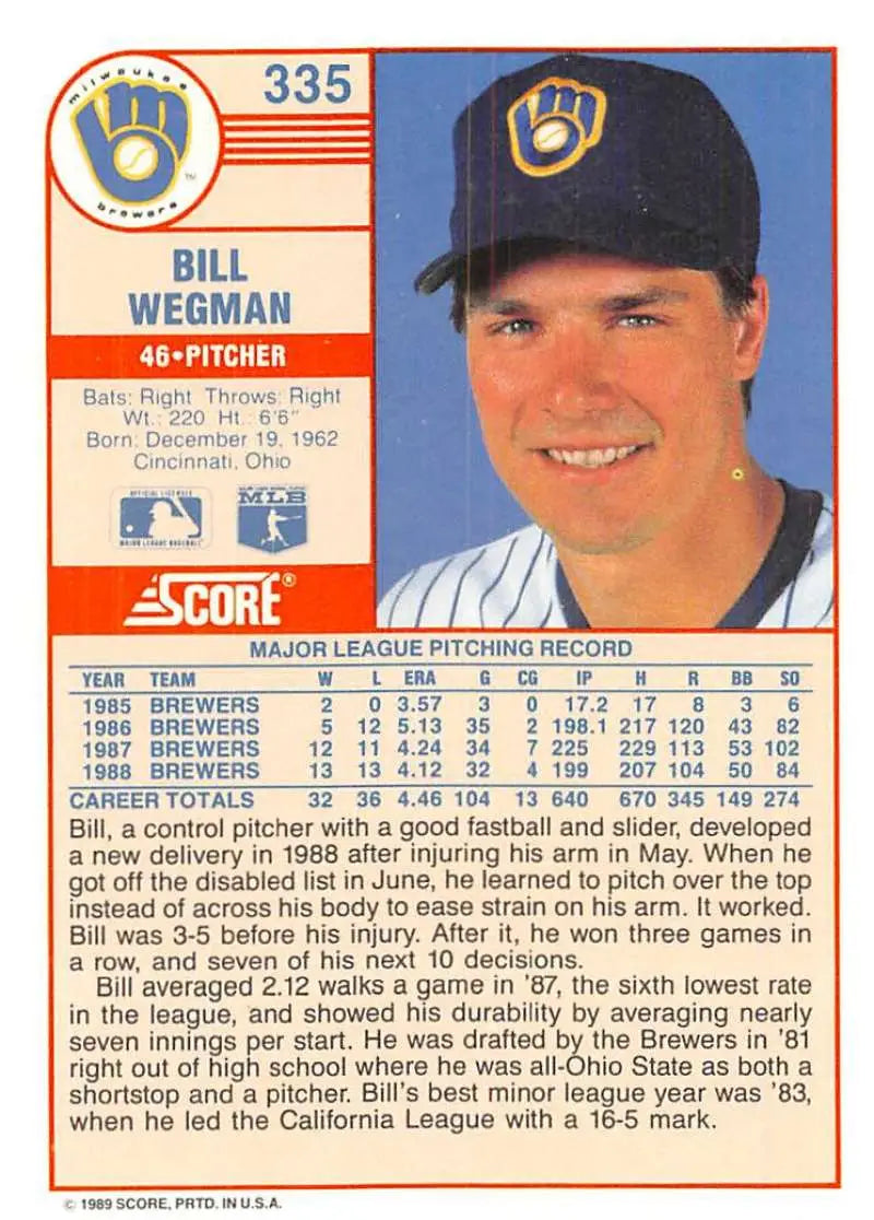 1989 Score #335 Bill Wegman NM-MT Milwaukee Brewers Baseball Card - Baseball Card Single