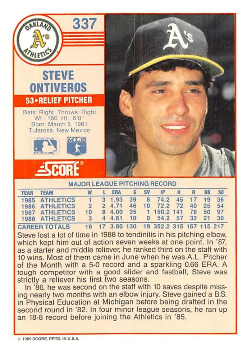 1989 Score #337 Steve Ontiveros NM-MT Oakland Athletics Baseball Card - Baseball Card Single