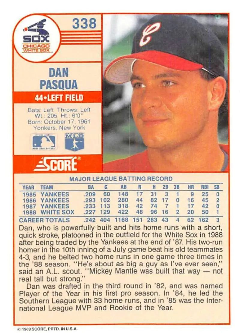 1989 Score #338 Dan Pasqua NM-MT Chicago White Sox Baseball Card - Baseball Card Single