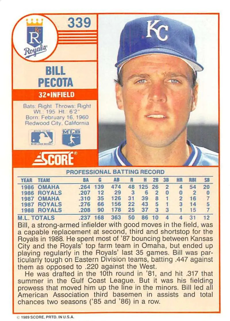 1989 Score #339 Bill Pecota NM-MT Kansas City Royals Baseball Card - Baseball Card Single