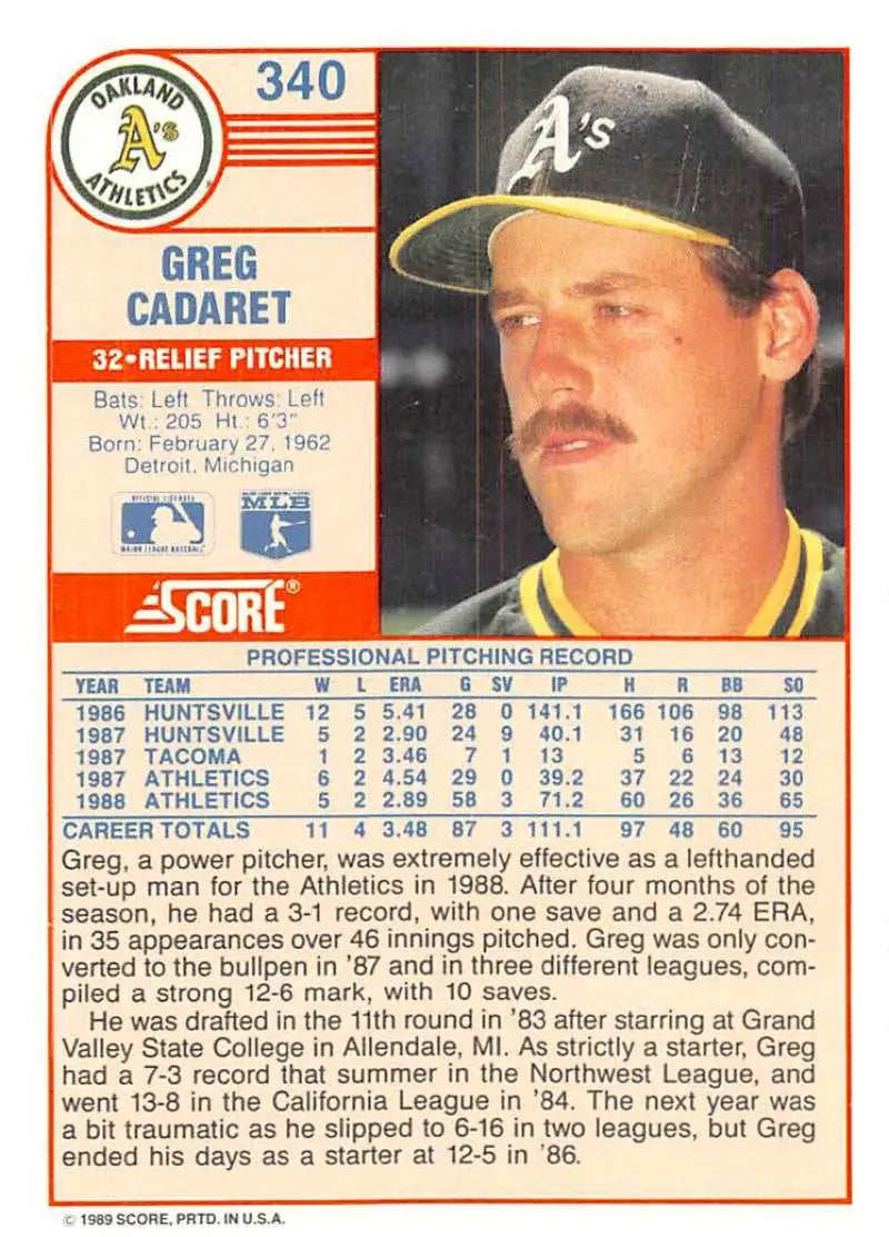 1989 Score #340 Greg Cadaret NM-MT Oakland Athletics Baseball Card - Baseball Card Single