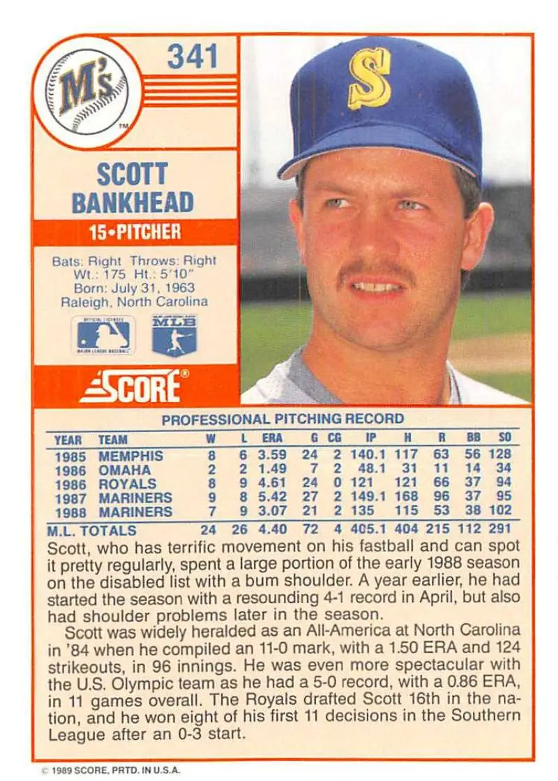1989 Score #341 Scott Bankhead NM-MT Seattle Mariners Baseball Card - Baseball Card Single