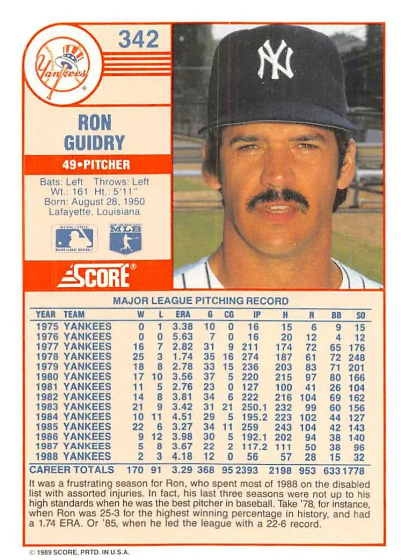 1989 Score #342 Ron Guidry NM-MT New York Yankees Baseball Card - Baseball Card Single
