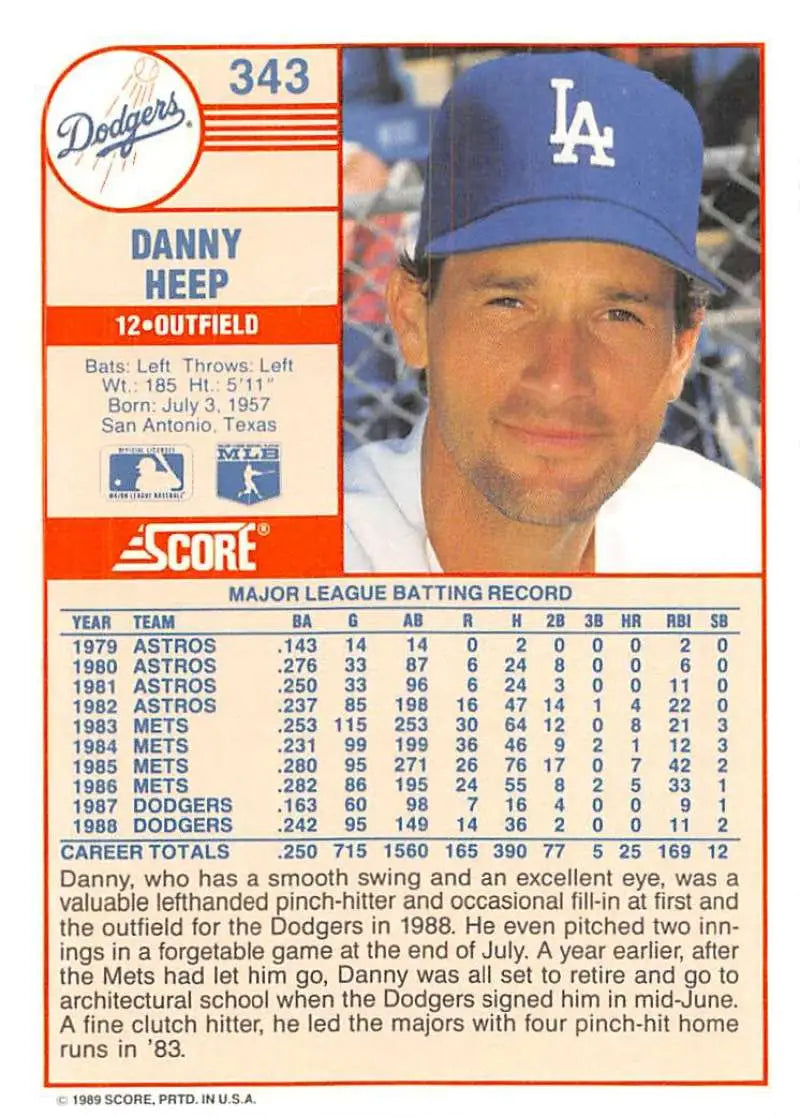 1989 Score #343 Danny Heep NM-MT Los Angeles Dodgers Baseball Card - Baseball Card Single