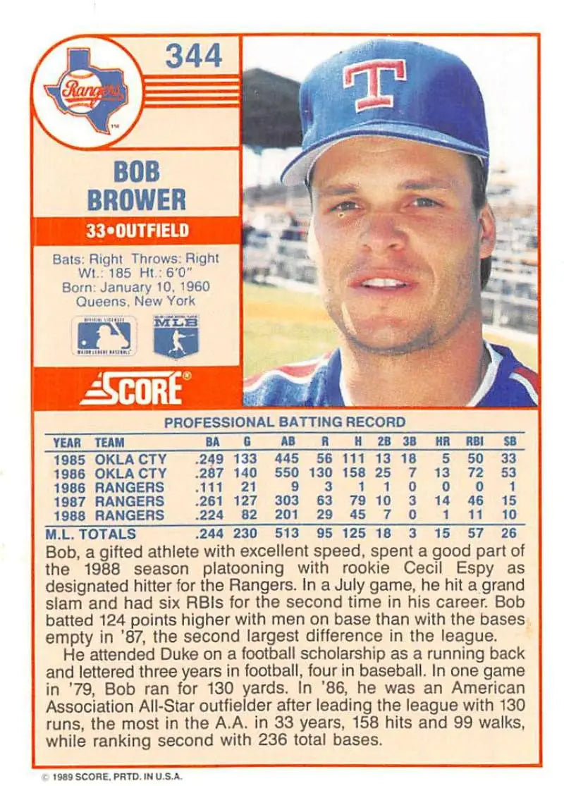 1989 Score #344 Bob Brower NM-MT Texas Rangers Baseball Card - Baseball Card Single