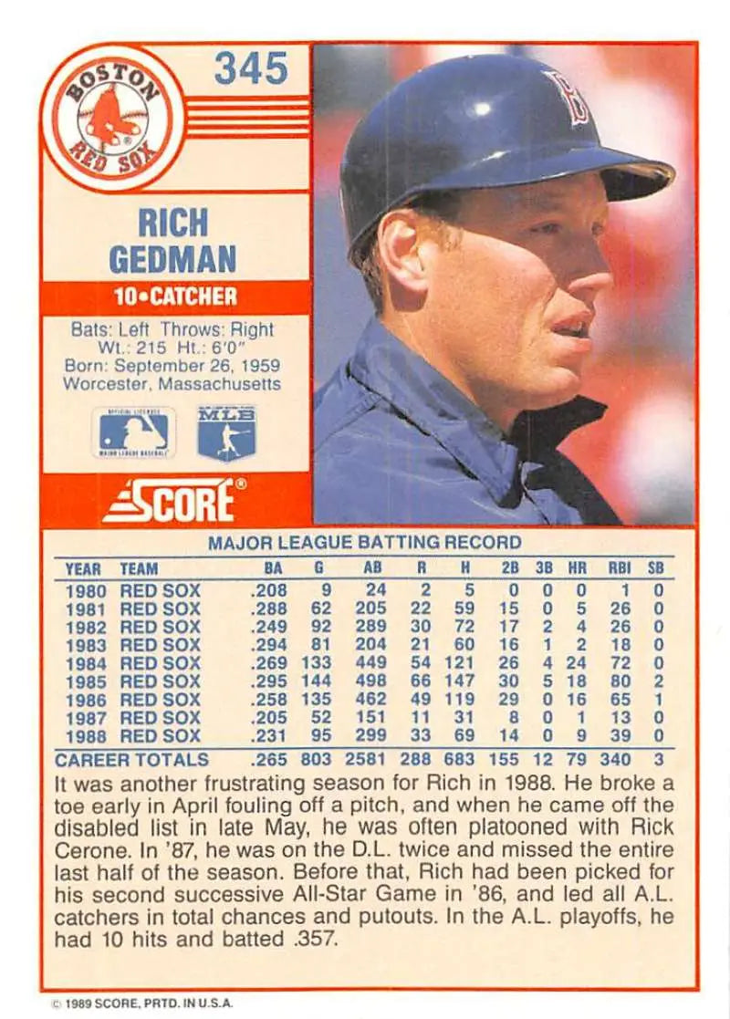 1989 Score #345 Rich Gedman NM-MT Boston Red Sox Baseball Card - Baseball Card Single