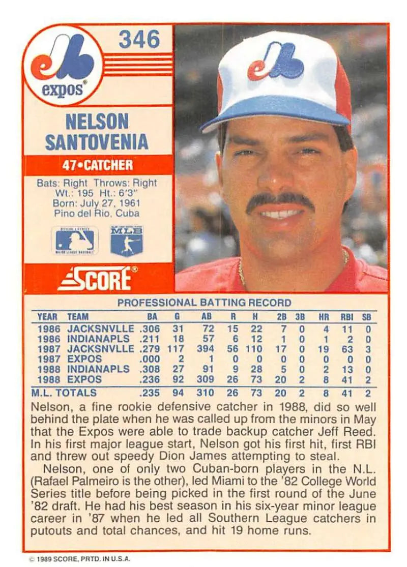 1989 Score #346 Nelson Santovenia NM-MT Montreal Expos Baseball Card - Baseball Card Single