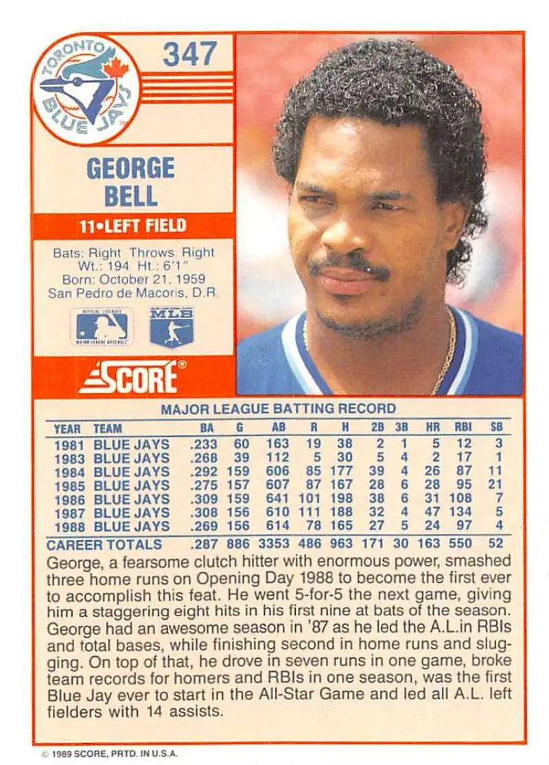 1989 Score #347 George Bell NM-MT Toronto Blue Jays Baseball Card - Baseball Card Single
