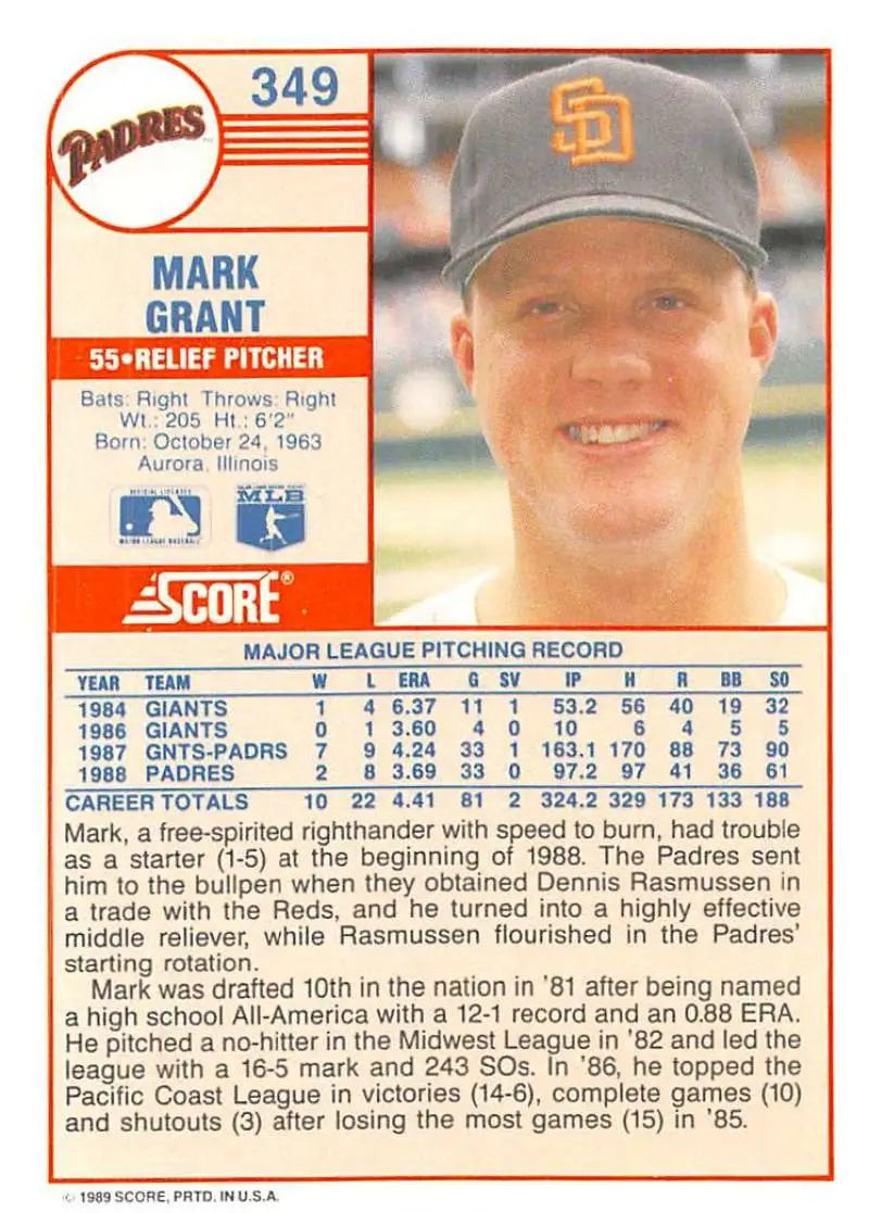 1989 Score #349 Mark Grant NM-MT San Diego Padres Baseball Card - Baseball Card Single