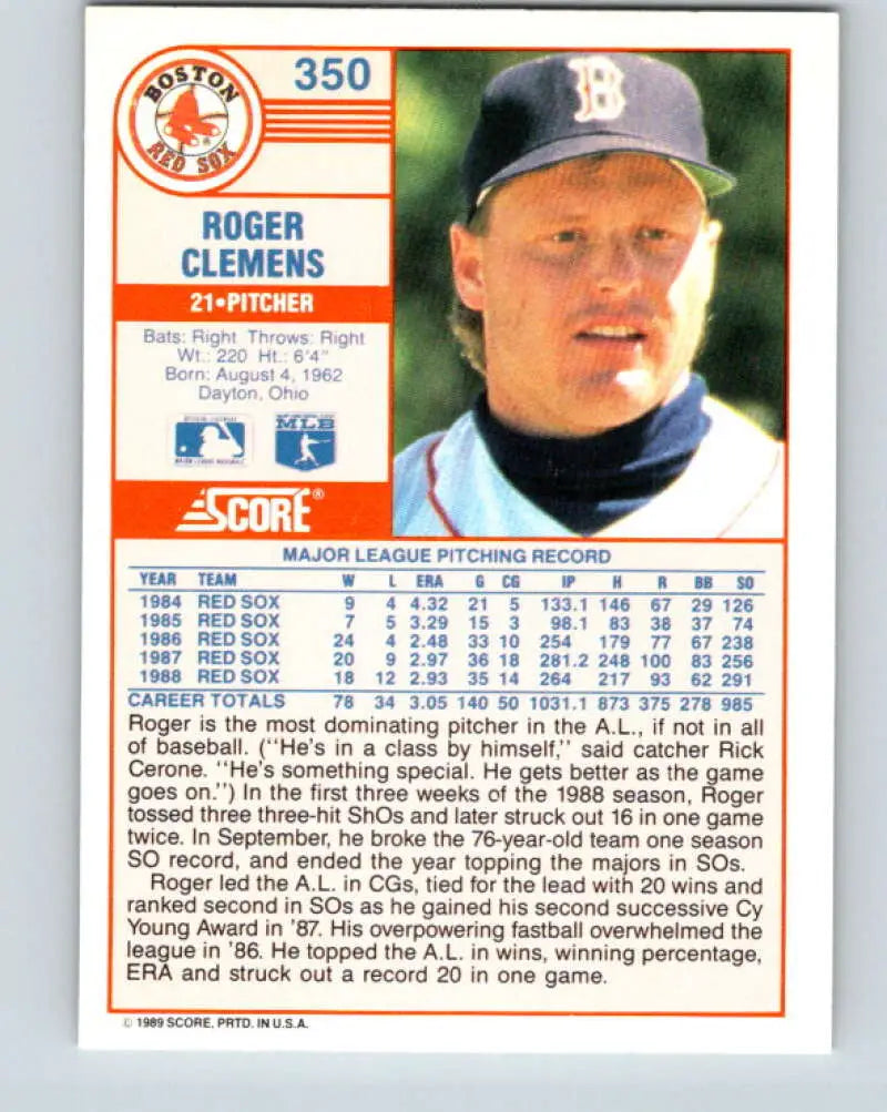 1989 Score #350 Roger Clemens NM-MT Boston Red Sox Baseball Card - Baseball Card Single
