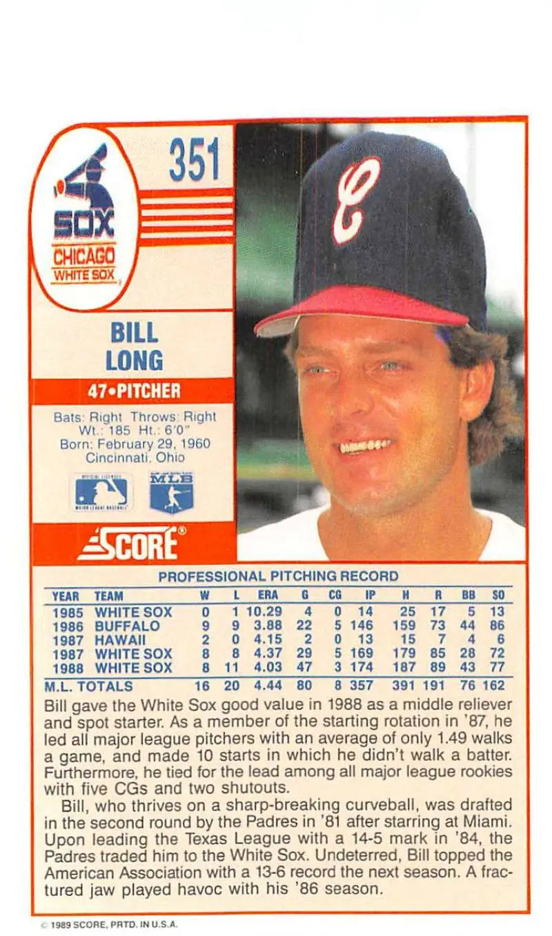 1989 Score #351 Bill Long NM-MT Chicago White Sox Baseball Card - Baseball Card Single