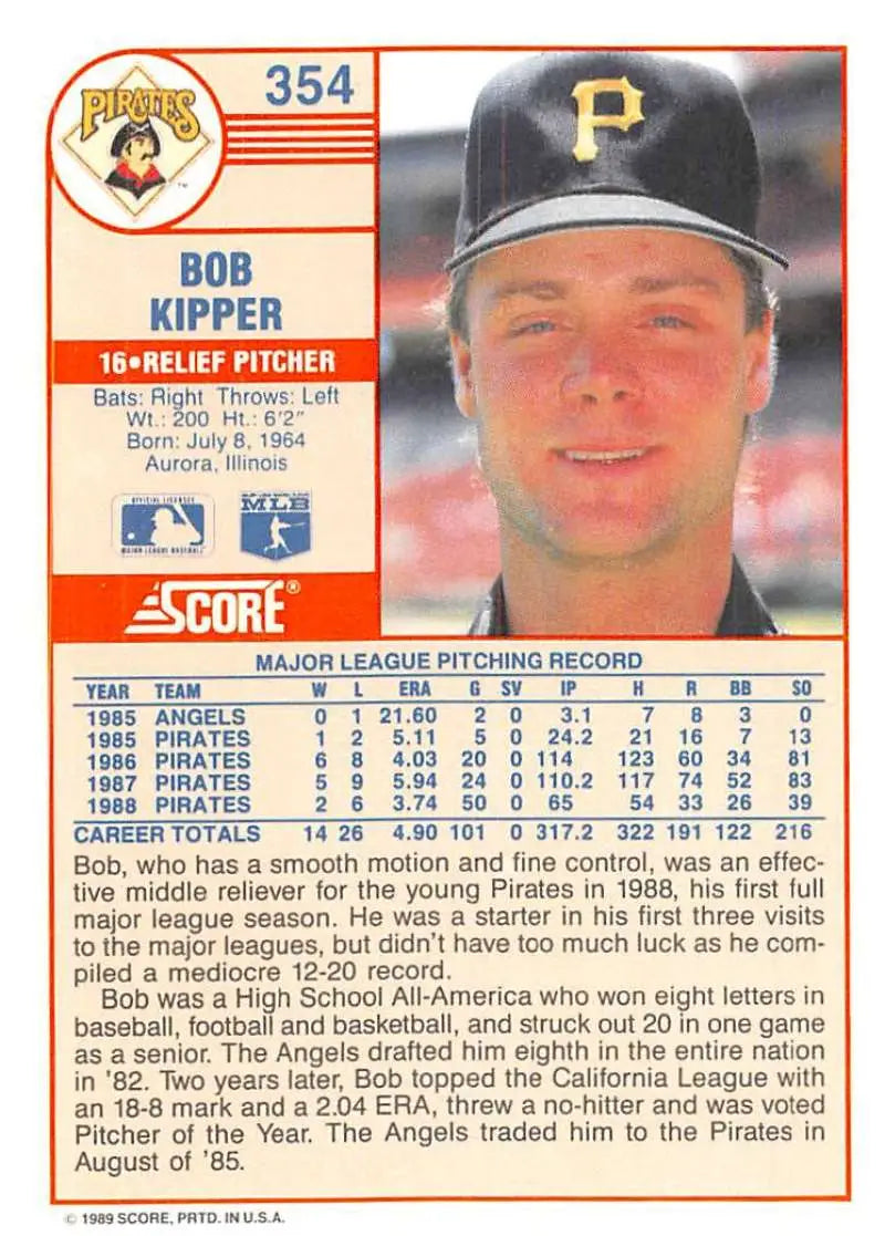 1989 Score #354 Bob Kipper NM-MT Pittsburgh Pirates Baseball Card - Baseball Card Single