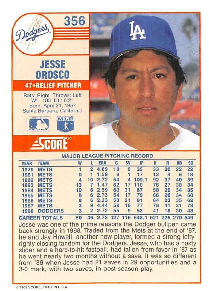1989 Score #356 Jesse Orosco NM-MT Los Angeles Dodgers Baseball Card - Baseball Card Single