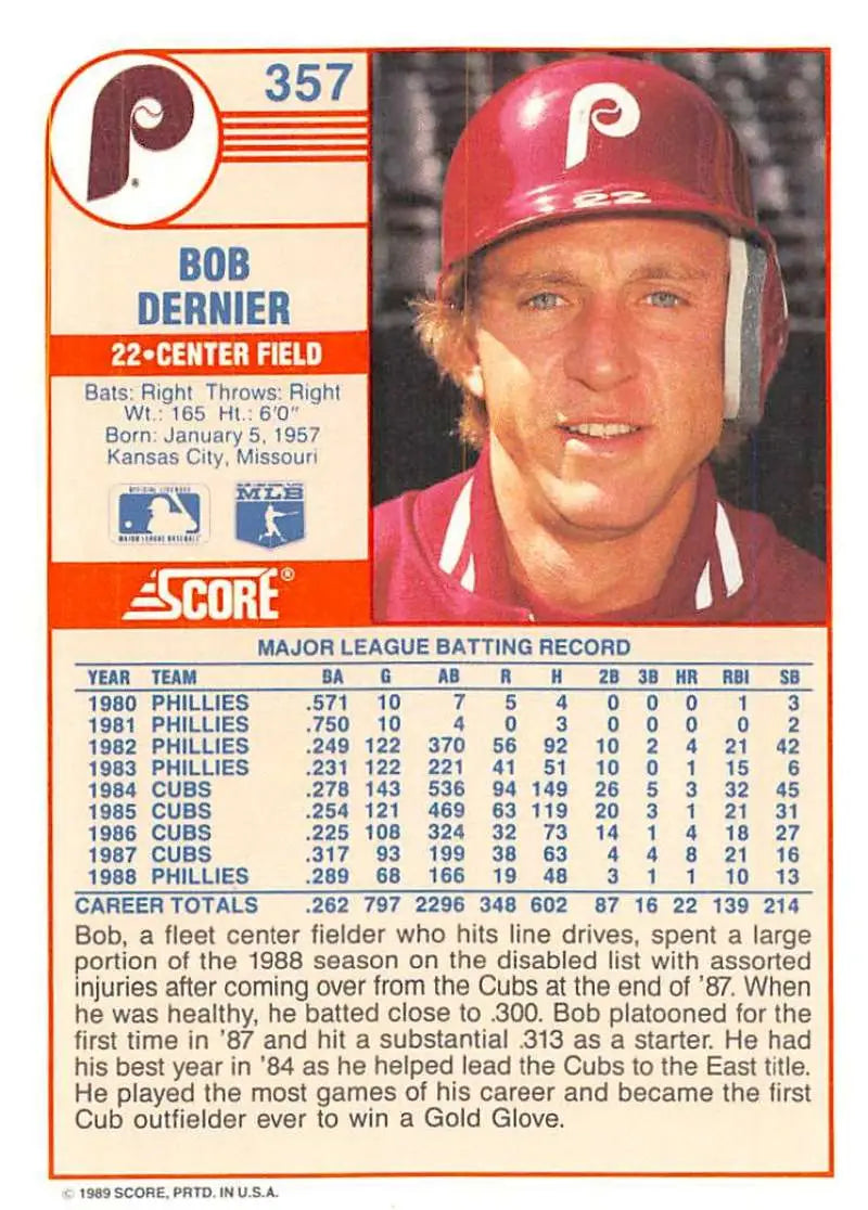 1989 Score #357 Bob Dernier NM-MT Philadelphia Phillies Baseball Card - Baseball Card Single