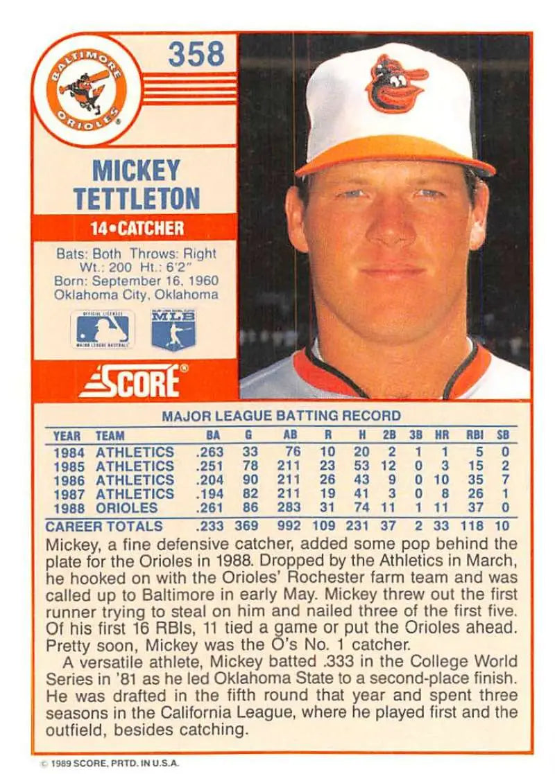 1989 Score #358 Mickey Tettleton NM-MT Baltimore Orioles Baseball Card - Baseball Card Single