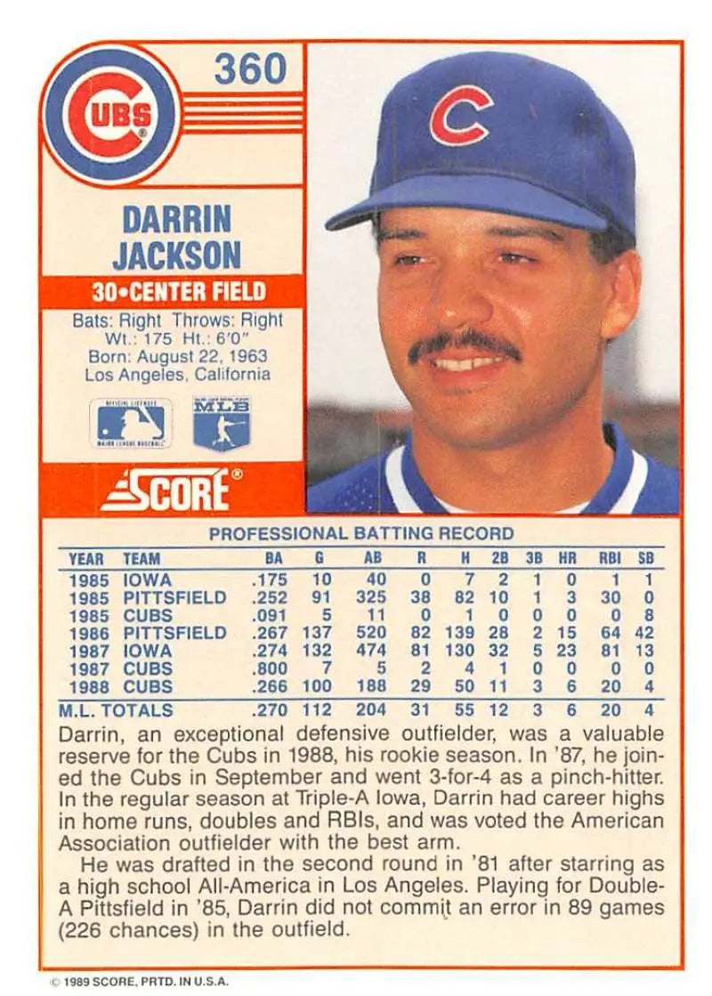 1989 Score #360 Darrin Jackson NM-MT Chicago Cubs Baseball Card - Baseball Card Single
