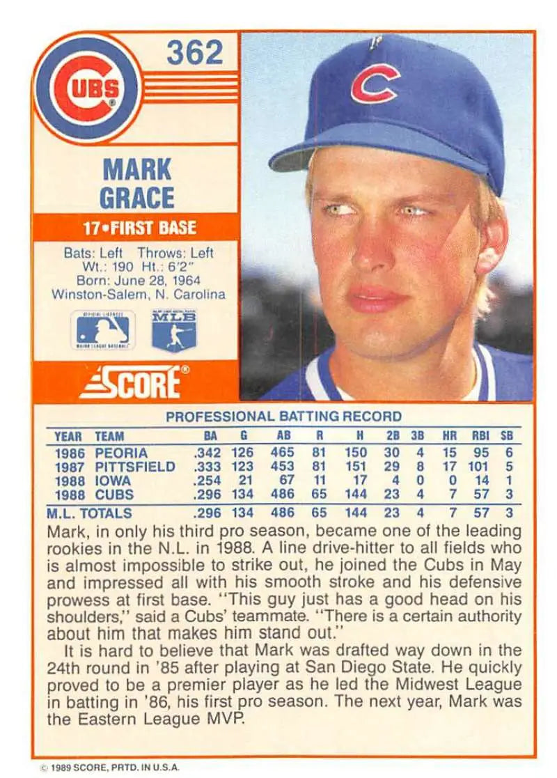 1989 Score #362 Mark Grace NM-MT Chicago Cubs Baseball Card - Baseball Card Single