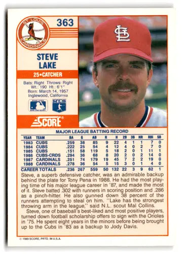 1989 Score #363 Steve Lake EX/NM Cardinals ID:66806